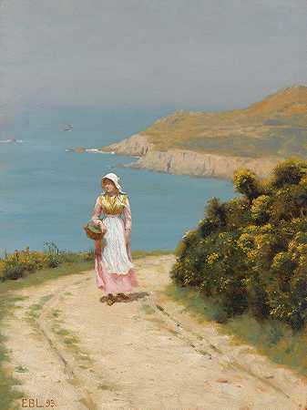 沿海小径上的女孩`Girl On A Coastal Path (1893) by Edmund Blair Leighton