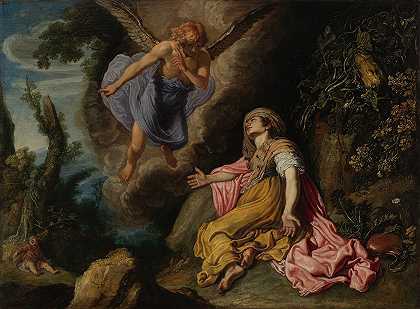 夏甲和天使`Hagar and the Angel (1614) by Pieter Lastman