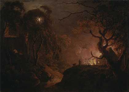 小屋夜间着火`Cottage on fire at night by Joseph Wright of Derby