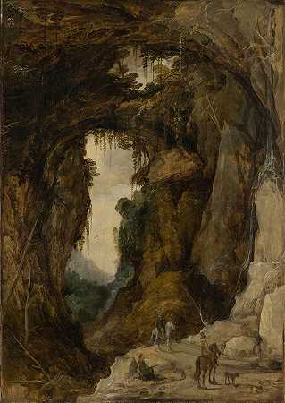 有石窟和骑手的风景`Landscape with Grotto and a Rider (ca. 1616) by Joos de Momper the Younger