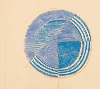 镶嵌桌面的各种小草图。]【蓝色圆形图案设计】`Miscellaneous small sketches for inlaid table tops.] [Design with blue circular motif (1910) by Winold Reiss