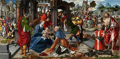 与捐赠者Philippe de Villiers de l\’Isle-Adam一起崇拜三博士`Adoration of the Magi with the Donor Philippe de Villiers de l’Isle~Adam (1530) by Noël Bellemare