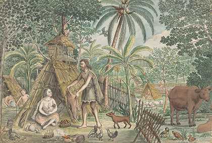 亚当和夏娃在乌托邦村庄的场景`Adam en Eva in een utopisch dorpstafereel (1779 ~ 1785) by Jan Brandes