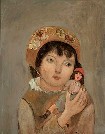 带着洋娃娃的小女孩`Little girl with a doll (1922) by Tadeusz Makowski