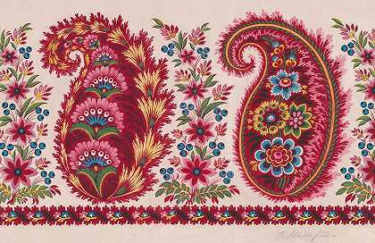带有佩斯利图案、浆果喷雾花环和风格化花朵的纺织品设计`Textile Design with Paisley Motifs and Garlands of Berry Sprays and Stylized Flowers (mid~19th century)