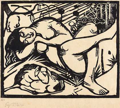 睡牧羊人`Sleeping Shepherdess (Schlafende Hirtin) (1912) by Franz Marc