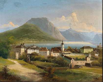 特劳西湖上的格蒙登景观`A View of Gmunden on Lake Traunsee by Johann Wilhelm Jankowsky