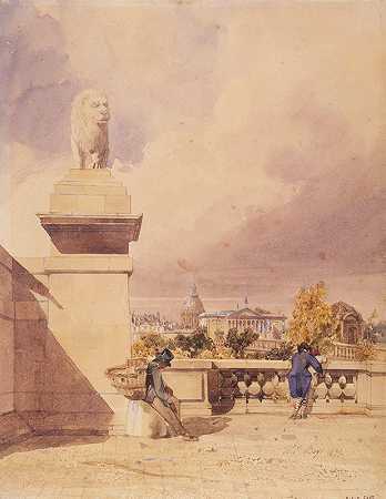 协和桥和众议院，从杜伊勒里露台俯瞰`Le pont de la Concorde et la Chambre des Députés, vue prise de la terrasse des Tuileries (1833) by Thomas Shotter Boys