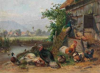 池塘里的家禽，背景是一个村庄`Poultry at the Pond, in the background a Village by Franz Bernier