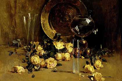 《黄玫瑰静物》，1885年`Still Life with Yellow Roses, 1885 by Emil Carlsen