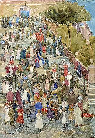 圣玛利亚阿拉科利台阶，罗马`Steps of Santa Maria d\’Aracoeli, Rome by Maurice Prendergast