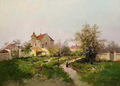 巴比松郊区的乡村风光`Rural Scene In The Barbizon Suburbs by Eugène Galien-Laloue