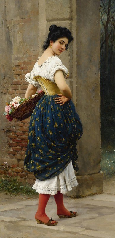 拿着一篮玫瑰的少女`A Maiden With A Basket Of Roses (1900) by Eugen von Blaas