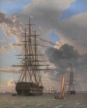 俄罗斯的039号船Asow和#还有一艘停泊在埃尔西诺尔附近的护卫舰`The Russian Ship of the Line ;Asow and a Frigate at Anchor near Elsinore (1828) by Christoffer Wilhelm Eckersberg