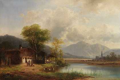 上巴伐利亚州风景区，湖面上有盥洗室`Oberbayerische Landschaft mit Waschhaus am See (Ca. 1860~1880) by Anton Doll