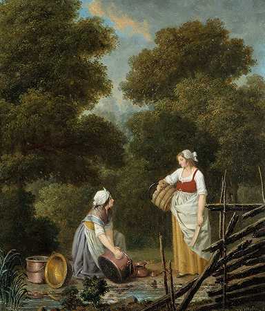 小溪边的两个女仆`Two Maid~Servants at a Brook by Pehr Hilleström
