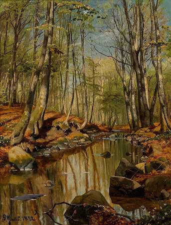 树木繁茂的河流景观`A wooded river landscape (1892) by Peder Mørk Mønsted