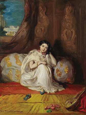 摩尔女孩，坐在富丽堂皇的室内（阿尔梅）`Jeune Fille Mauresque, Assise Dans Un Riche Intérieur (Almée) (1853) by Théodore Chassériau