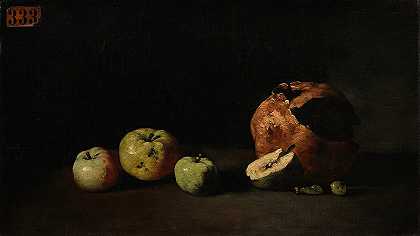 苹果和石榴的静物画`Still Life with Apples and a Pomegranate (circa 1865) by Théodule Ribot