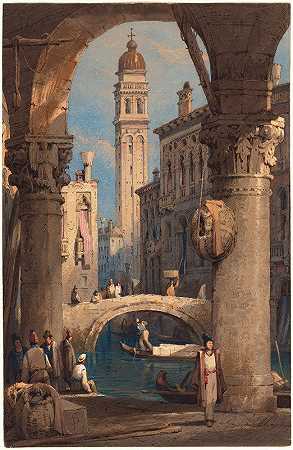 圣乔治·德格雷奇，从拱廊上看`San Giorgio dei Greci, Seen from an Arcade (1824~1829) by Samuel Prout