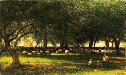 果园里的中午`Noon In The Orchard (1900) by Worthington Whittredge