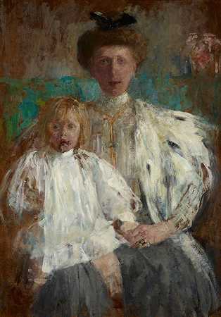 Julia Puget née Kwilecka与儿子Jacek的肖像`Portrait of Julia Puget née Kwilecka with Her Son Jacek (1907) by Olga Boznanska