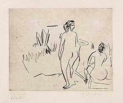 莫里茨堡芦苇上的游泳者`Moritzburger Badende am Schilf (1910) by Ernst Ludwig Kirchner