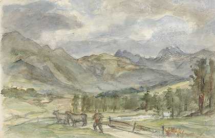 有牧牛人和两头奶牛的山地景观`Berglandschap met veehoeder en twee koeien (1834 1911) by Jozef Israëls