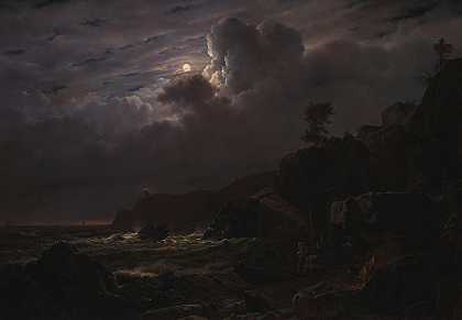 瑞典的库伦景观。走私者把货物藏在岩石中。月光`View of Kullen in Sweden. Smugglers Hiding their Goods among the Rocks. Moonlight (1834) by Louis Gurlitt