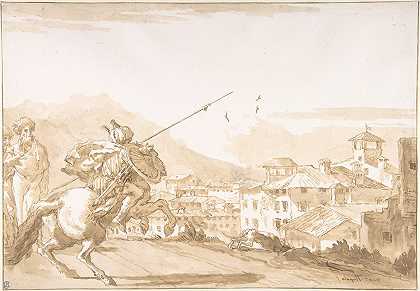 土耳其枪骑兵和围观者走近一座城镇`Turkish Lancer and Onlookers Approaching a Town (1760–70) by Giovanni Domenico Tiepolo