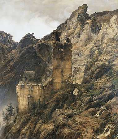 岩石景观，废墟峡谷`Rocky Landscape, Gorge with Ruins (1830) by Karl Friedrich Lessing