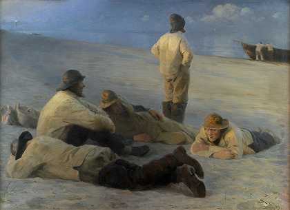 斯卡根海滩的渔民`Fishermen at Skagen Beach (1883) by Peder Severin Krøyer