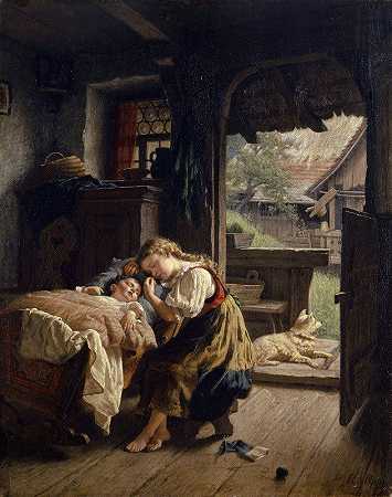 和熟睡的兄弟姐妹在一起`Interior With Sleeping Siblings by Rudolf Epp