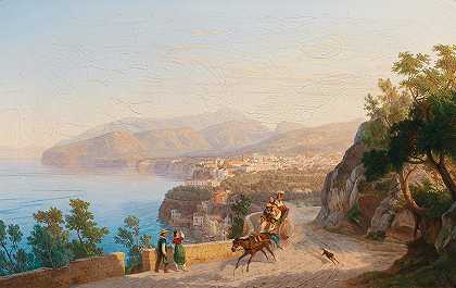 索伦托风景，前景是一家人外出游玩`View of Sorrento, with a family outing in the foreground by Carl Wilhelm Götzloff