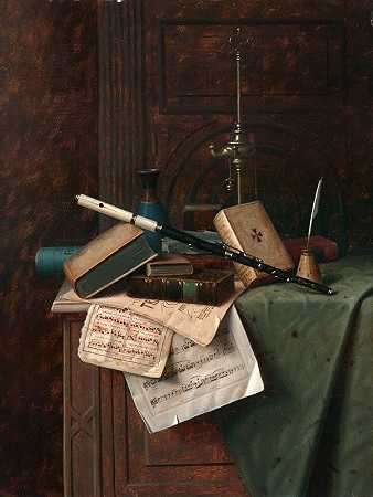 带长笛、花瓶和罗马灯的静物画`Still Life with Flute, Vase and Roman Lamp (1885) by William Michael Harnett