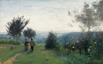 早上在塞弗尔高地的会议`La Rencontre matinale sur les hauteurs de Sèvres (circa 1850~1855) by Jean-Baptiste-Camille Corot