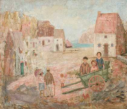 一个小镇的风景，孩子们坐在婴儿车里`Landscape of a small town with children in a pram (1924) by Tadeusz Makowski
