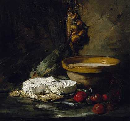 奶酪静物画`Still Life with Cheese (probably late 1870s) by Antoine Vollon