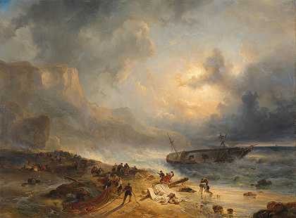 在岩石海岸发生的海难`Shipwreck off a Rocky Coast (c. 1837) by Wijnand Nuijen