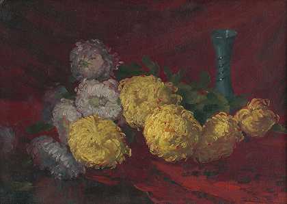 桌上的菊花`Chrysanthemums on the table (1925) by Ľudovít Čordák