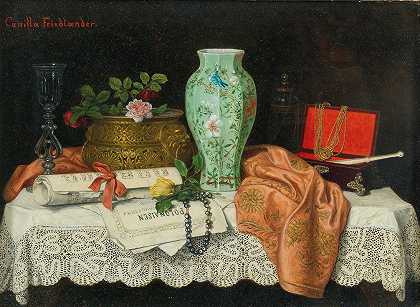 静物画，配乐单，珠宝盒和亚洲花瓶`A Still Life with Music Sheets, a Jewellery Box and an Asian Vase by Camilla Friedländer