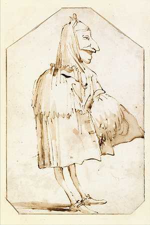 漫画中一个戴着面具和斗篷的男人，拿着一个罩子和一辆三轮车，侧面站在左边`Caricature of a Man in a Mask and a Cloak, Holding a Muff and a Tricorne, Standing in Profile to the Left (1760) by Giovanni Battista Tiepolo