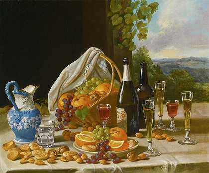 葡萄酒和水果的静物画`Still Life With Wine And Fruit (1863) by John F. Francis