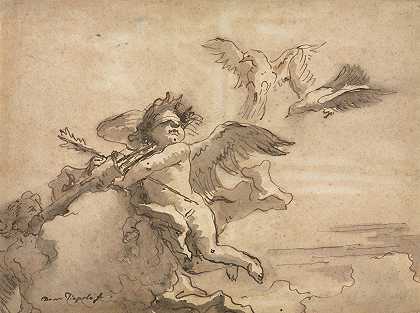 丘比特蒙着眼睛和两只鸽子`Cupid Blindfolded and Two Doves (1757 or after) by Giovanni Domenico Tiepolo