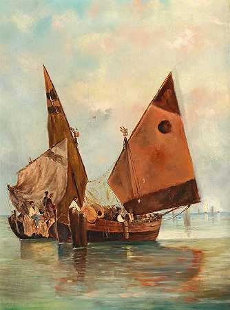 在泻湖上系帆停泊的船`Boat with Sails Set and Moored in the Lagoon by Leontine von Littrow