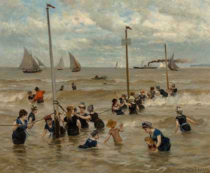 沐浴`Bathing by the sea (1876) by the sea by Otto von Thoren