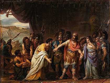 阿伽门农在帐篷里拒绝把克丽西斯还给她的父亲`Agamemnon in his tent refusing to give chryseis back to her father by Joseph-Marie Vien