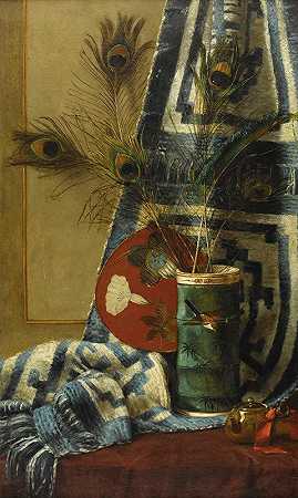 孔雀羽毛的静物画`Still Life with Peacock Feathers by Manner Of William Merritt Chase