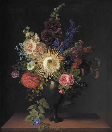 一朵仙人掌和其他花在一个斑岩花瓶里`A Cactus Grandiflora And Other Flowers In A Porphyry Vase (1780 – 1835) by C.D. Fritzsch