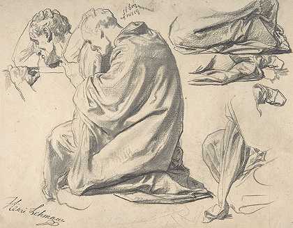跪在地上的男性身影，面朝左侧`Kneeling Draped Male Figure, Facing Left (1859) by Henri Lehmann